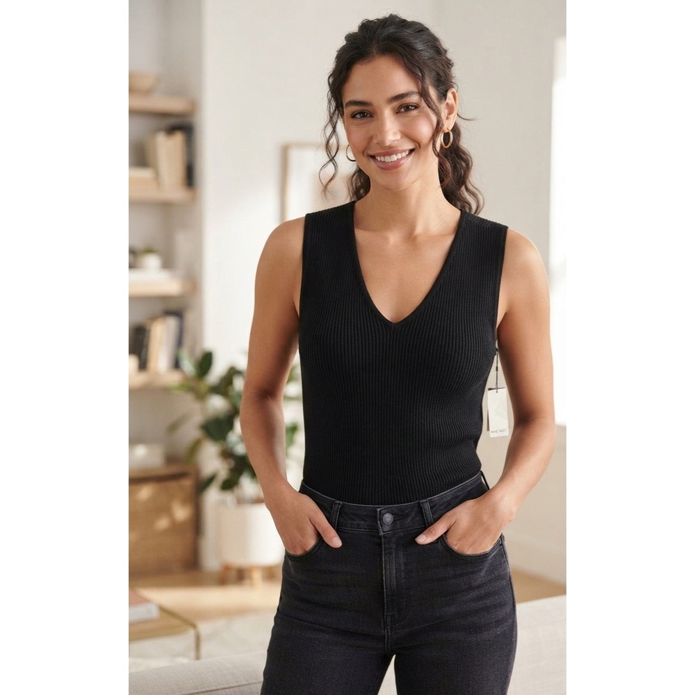 Nine West Womens Ribbed V-Neck Sleeveless Sweater Tank Top Black L WW51S125RS